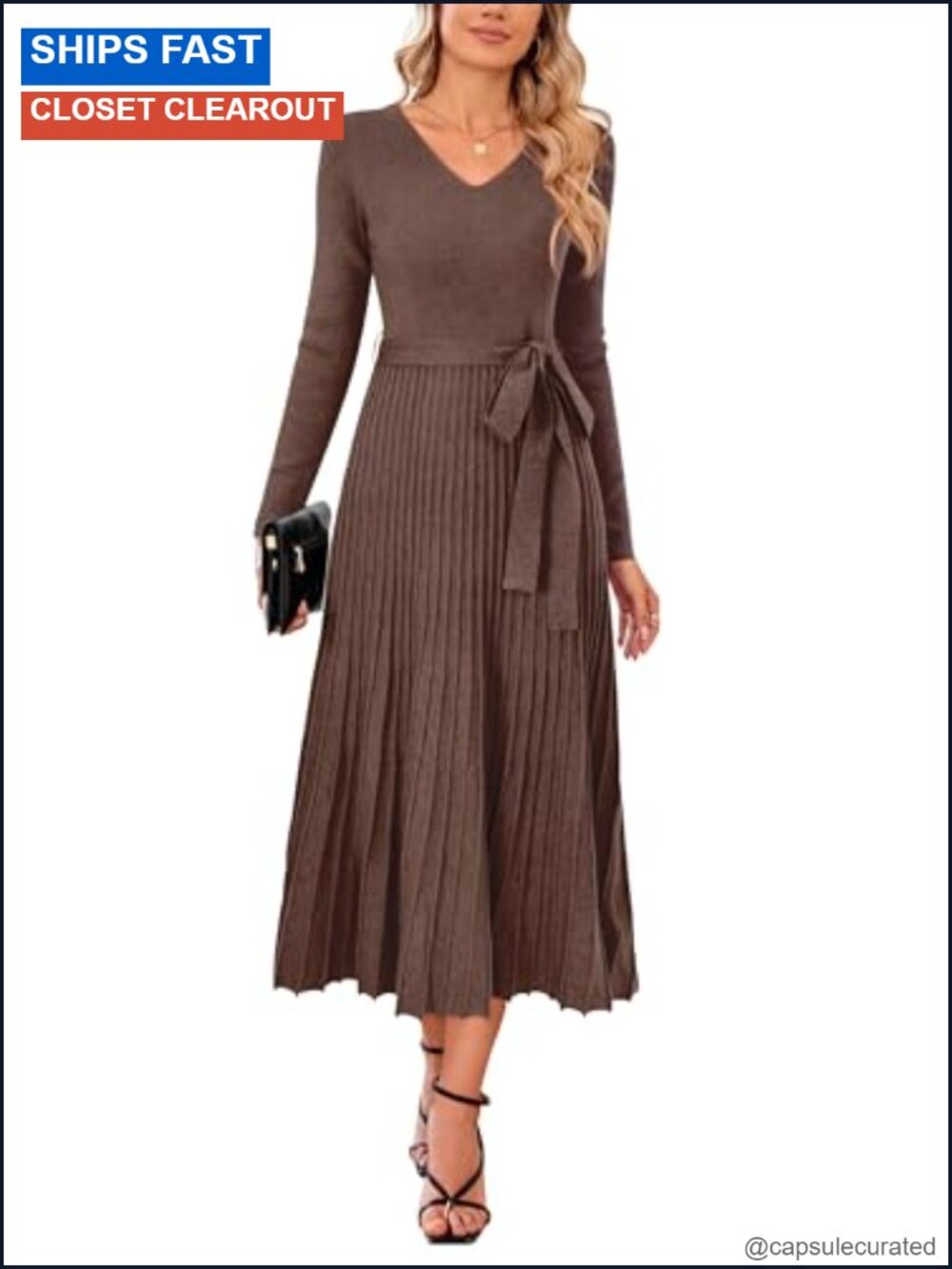 Wool Blend Tie Waist Pleated V-Neck Long Sleeve A-Line Sweater Dress